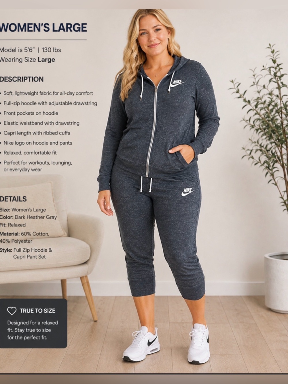 Nike Dark Heather Gray Women's Zip Hoodie & Capri Pants Set